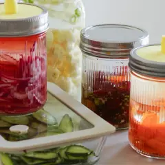 Eingelegtes Gemüse in Gläsern, darunter rote Zwiebeln und Karotten. Ein Glas mit Blumenkohl und ein Behälter mit Gurkenscheiben sind ebenfalls zu sehen. Perfekt für die Herstellung von **Kahmhefe Wein**.