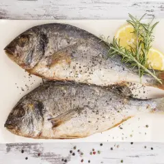 Zwei gebratene Doraden, garniert mit Zitrone und Rosmarin. Köstliche Fischarten zum Essen, bereit zum Genuss.