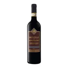 Dunkle Flasche mit Etikett "Brunello di Montalcino", ein italienischer Rotwein.