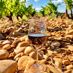 Ein Glas Rotwein steht in einem sonnenbeschienenen Weinberg in Châteauneuf-du-Pape, umgeben von Kieselsteinen und Rebstöcken.