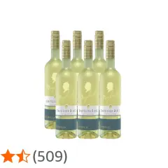 Sechs Flaschen Maybach Sauvignon Blanc, trocken oder lieblich, mit goldenen Kapseln und stilisierten Profilen auf den Etiketten.