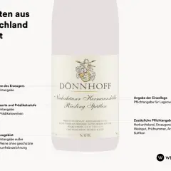 Etikett eines DÖNNHOFF Riesling Spätlese aus Deutschland. Der Wein ist trocken und stammt aus der Lage Niederhäuser Hermannshöhle.