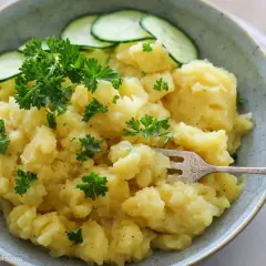 Herzhafter Kartoffelsalat für 4 Personen, garniert mit Petersilie und Gurkenscheiben. Eine Gabel steckt darin.