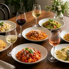 Ein Festmahl mit verschiedenen Pastagerichten und Gläsern mit Rot-, Weiß- und Roséwein. Perfekt für ein Abendessen mit Freunden, wo jeder sein Lieblings-Wein zu Pasta genießen kann.