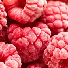 Nahaufnahme von gefrorenen Himbeeren. Schockfrosten Nachteile: Texturverlust, aber die Farbe bleibt leuchtend.