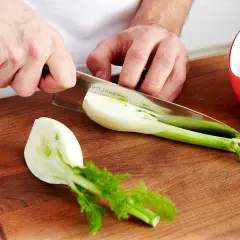 Hände schneiden Fenchel für ein Gericht mit feinem Fenchel Geschmack. Ein Teil liegt auf dem Holzbrett, ein anderer im roten Schälchen.