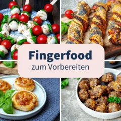 Kleine Spieße mit Mozzarella und Tomaten, herzhafte Blätterteig-Snacks, Teigschnecken und Hackbällchen – alles leckere Snacks zum Aperitif.