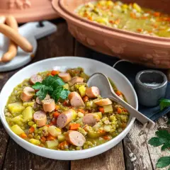 Herzhaftes traditionelles Erbsensuppe Rezept mit Würstchen und Kartoffeln, garniert mit Petersilie.