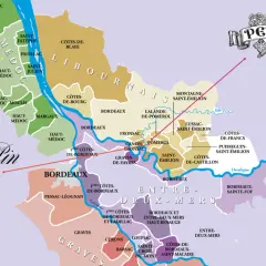 Karte zeigt Bordeaux-Region mit Pomerol, Heimat der besten Pomerol-Weine. Petrus und Le Pin sind markiert.