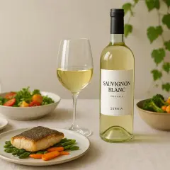Ein Glas und eine Flasche Sauvignon Blanc auf Deutsch, serviert mit Fisch, Salat und Gemüse.