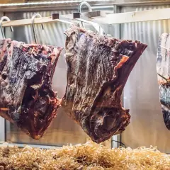 Drei große Fleischstücke hängen in einer Kühlkammer, bereit zum **Fleisch fermentieren**. Darunter liegen Holzspäne und Korken.
