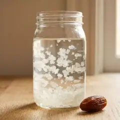 Ein Glas mit Wasserkefir-Kulturen und einer Dattel. Perfekt für ein wasserkefir rezept ohne zucker.