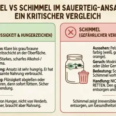 Fusel (klare Flüssigkeit) im Sauerteig ist Hunger, kein Schimmel (pelziges, farbiges Wachstum). Fusel ist sicher, Schimmel muss entsorgt werden.