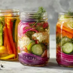 Drei Gläser mit eingelegtem Gemüse: Karotten, Gurken, Blumenkohl und rote Zwiebeln, bereit für die Fermentation.