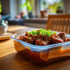 Herzhaftes Gulasch in einer Aufbewahrungsbox, bereit zum Einfrieren. So kann man Gulasch einfrieren und später genießen.