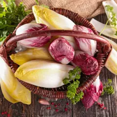 Korb mit frischem Chicorée und Radicchio, bereit, roh gegessen zu werden. Daneben liegen Knoblauch und Petersilie.