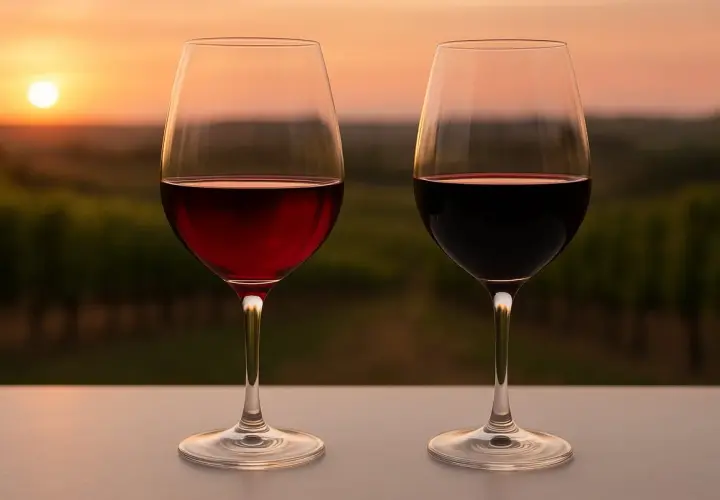 Zwei Gläser Rotwein, ein hellerer Cabernet Sauvignon und ein dunklerer Merlot, stehen vor einem Weinberg bei Sonnenuntergang.