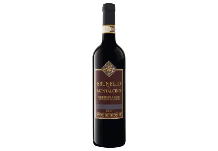 Dunkle Flasche mit Etikett "Brunello di Montalcino", ein italienischer Rotwein.