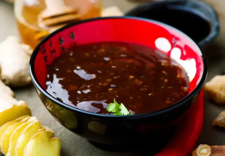 Schwarze Schüssel mit glänzender, dunkler Teriyaki-Sauce, umgeben von frischem Ingwer und Chili.
