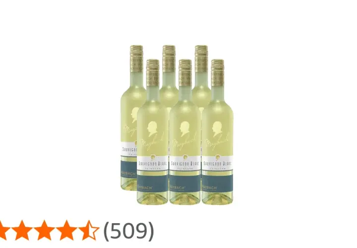 Sechs Flaschen Maybach Sauvignon Blanc, trocken oder lieblich, mit goldenen Kapseln und stilisierten Profilen auf den Etiketten.