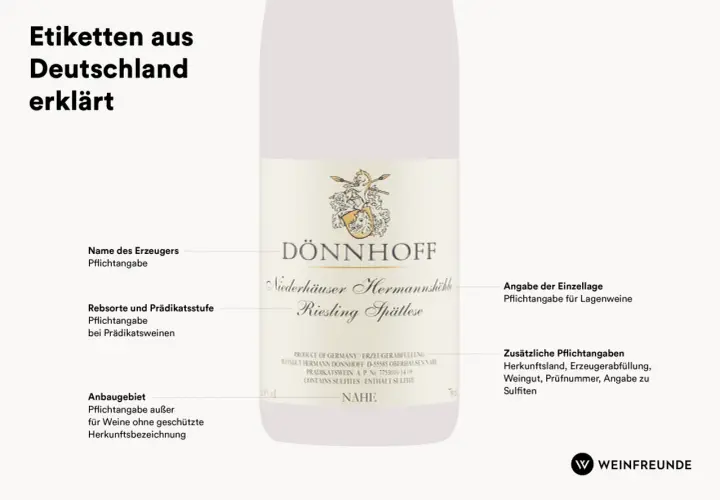 Etikett eines DÖNNHOFF Riesling Spätlese aus Deutschland. Der Wein ist trocken und stammt aus der Lage Niederhäuser Hermannshöhle.