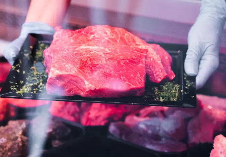 Frisch präsentiertes Rindfleisch auf einem schwarzen Teller, umgeben von Kräutern. Hoffentlich riecht das Rindfleisch nicht sauer.