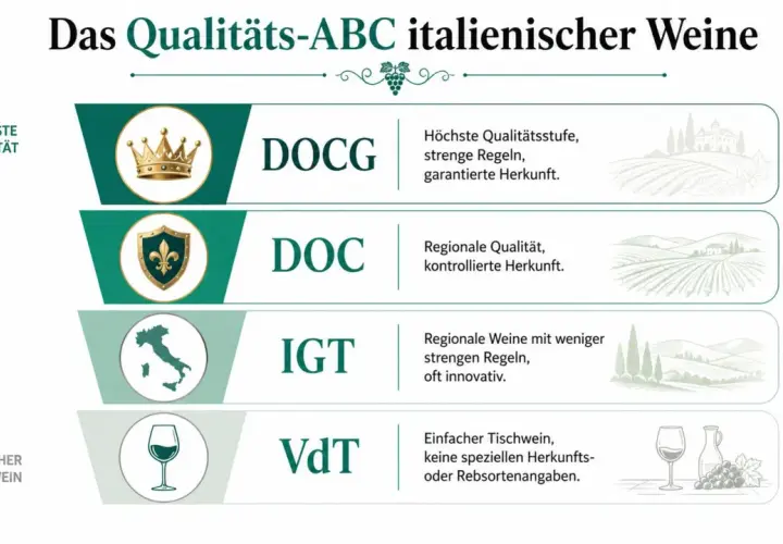Qualitätsstufen italienischer Weine: DOCG (höchste Qualität), DOC (regionale Qualität), IGT (regionale Weine, oft innovativ) und VdT (einfacher Tischwein).