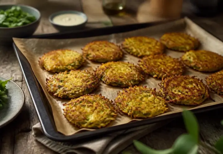 Goldbraune Kartoffel Zucchini Puffer auf einem Blech, bereit zum Genießen. Dazu ein Schälchen mit Dip und frischem Grün.