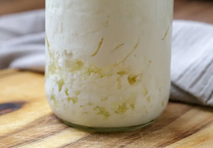 Kefir-Körner im Glas, bereit zum Kefir einfrieren. Die Körner sind von einer cremigen Masse umgeben.