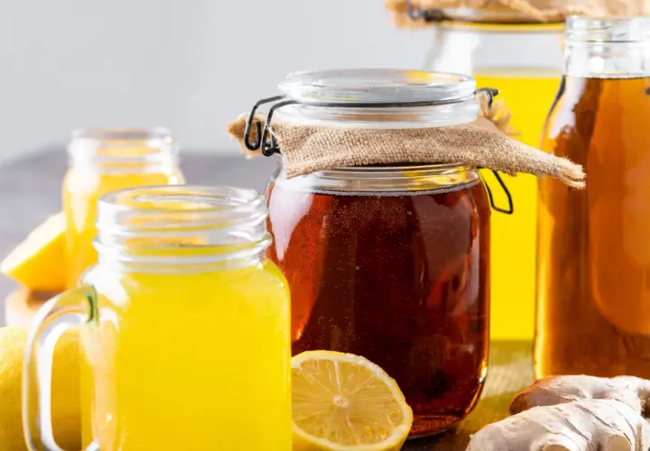Gläser mit gelbem Getränk und ein großes Glas mit dunklem, sprudelndem fermentiertem Honig, daneben Zitronen und Ingwer.
