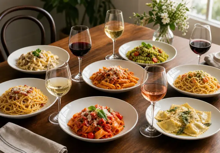 Ein Festmahl mit verschiedenen Pastagerichten und Gläsern mit Rot-, Weiß- und Roséwein. Perfekt für ein Abendessen mit Freunden, wo jeder sein Lieblings-Wein zu Pasta genießen kann.