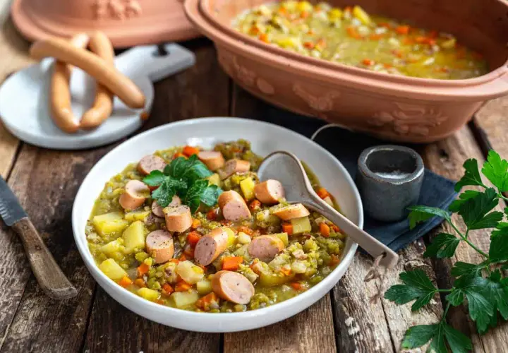 Herzhaftes traditionelles Erbsensuppe Rezept mit Würstchen und Kartoffeln, garniert mit Petersilie.