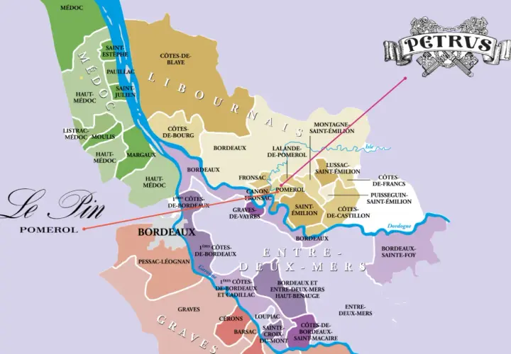 Karte zeigt Bordeaux-Region mit Pomerol, Heimat der besten Pomerol-Weine. Petrus und Le Pin sind markiert.