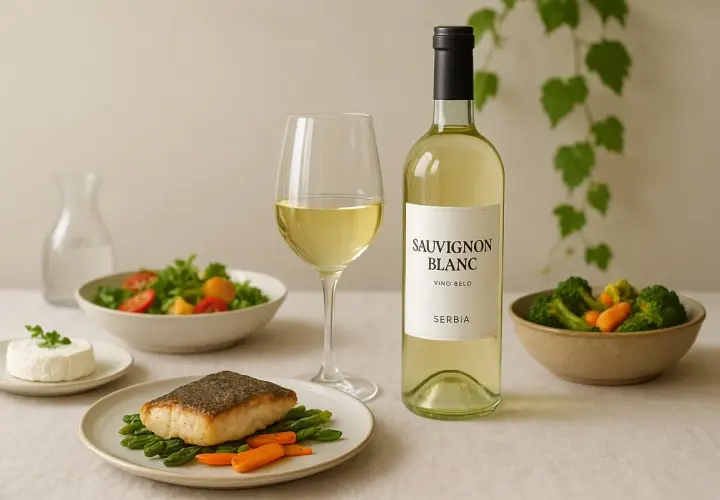Ein Glas und eine Flasche Sauvignon Blanc auf Deutsch, serviert mit Fisch, Salat und Gemüse.