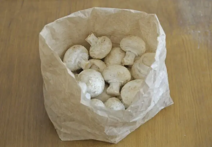 Frische Champignons lagern in einer Papiertüte auf einem Holztisch.