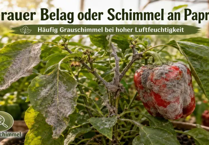 Grauer Belag oder Schimmel an Paprika: Ein roter Paprika und Blätter sind von grauem Schimmel befallen, typisch bei hoher Luftfeuchtigkeit.