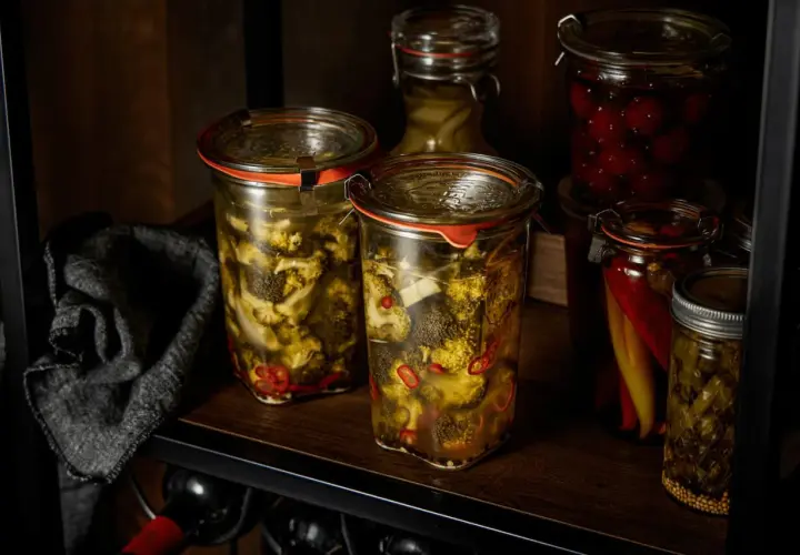 Zwei Gläser mit **brokkoli fermentieren**, daneben eingelegte Chilis und Kirschen.