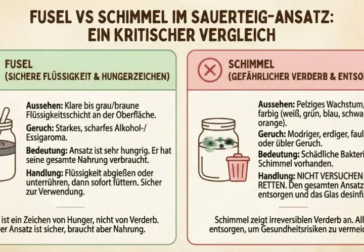 Fusel (klare Flüssigkeit) im Sauerteig ist Hunger, kein Schimmel (pelziges, farbiges Wachstum). Fusel ist sicher, Schimmel muss entsorgt werden.