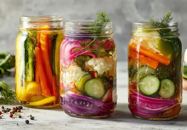 Drei Gläser mit eingelegtem Gemüse: Karotten, Gurken, Blumenkohl und rote Zwiebeln, bereit für die Fermentation.