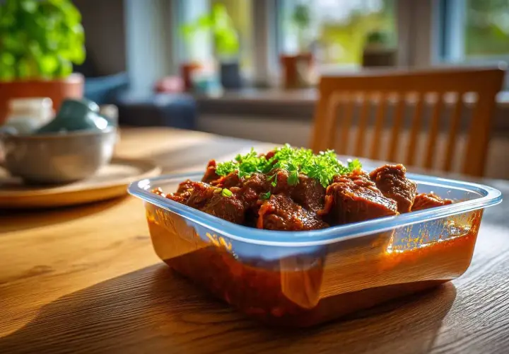 Herzhaftes Gulasch in einer Aufbewahrungsbox, bereit zum Einfrieren. So kann man Gulasch einfrieren und später genießen.