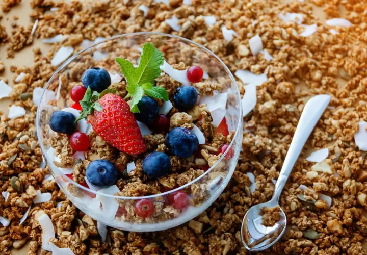 Knuspriges Granola mit Beeren und Kokosflocken in einer Schale. Was ist Granola? Ein leckeres Frühstück!