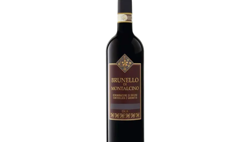 Dunkle Flasche mit Etikett "Brunello di Montalcino", ein italienischer Rotwein.