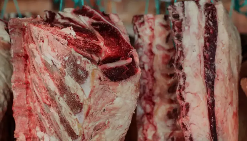 Mehrere grobe Stücke gereiftes Fleisch hängen an Haken. Die Fleischstücke zeigen deutliche Marmorierung und Fettanteile.