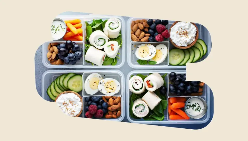 Vorbereitete Lunchboxen mit Wraps, Eiern, Beeren, Nüssen, Karotten und Gurken – perfekt als gesunde Snacks zum Mitnehmen.