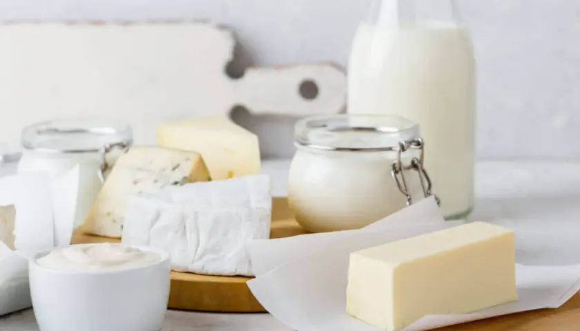 Verschiedene fermentierte Milchprodukte wie Käse, Joghurt und Butter sind auf einem Holztisch arrangiert.