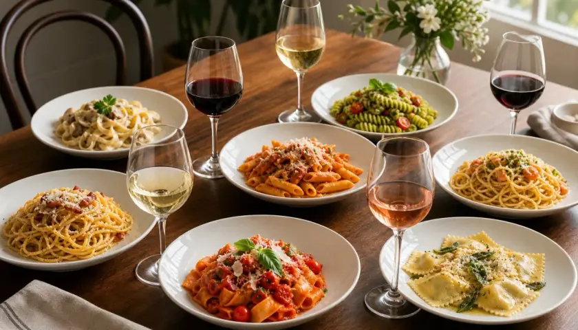 Ein Festmahl mit verschiedenen Pastagerichten und Gläsern mit Rot-, Weiß- und Roséwein. Perfekt für ein Abendessen mit Freunden, wo jeder sein Lieblings-Wein zu Pasta genießen kann.