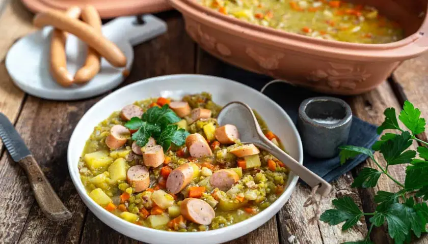 Herzhaftes traditionelles Erbsensuppe Rezept mit Würstchen und Kartoffeln, garniert mit Petersilie.