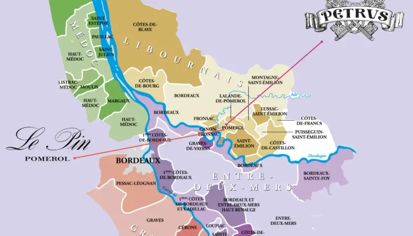 Karte zeigt Bordeaux-Region mit Pomerol, Heimat der besten Pomerol-Weine. Petrus und Le Pin sind markiert.