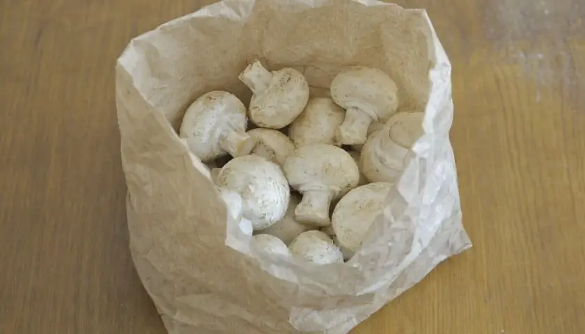 Frische Champignons lagern in einer Papiertüte auf einem Holztisch.