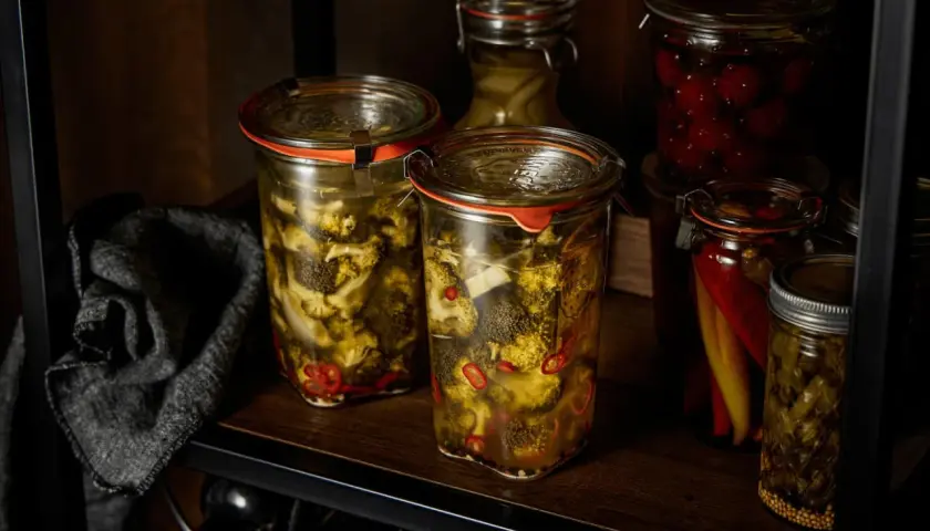 Zwei Gläser mit **brokkoli fermentieren**, daneben eingelegte Chilis und Kirschen.